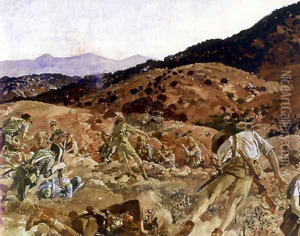 The charge of the 3rd Light Horse Brigade at the Nek, 7 August 1915 (detail) Oil Painting - George Lambert