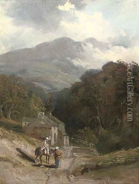 Figures before a cottage on a hillside Oil Painting - Patrick Nasmyth