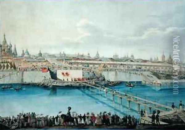 Laying of the Moskvoretsky Bridge in Moscow Oil Painting - Charles de Hampeln