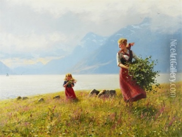 Sommerdag - Mor Och Dotter I Fjordlandskap Oil Painting - Hans Dahl