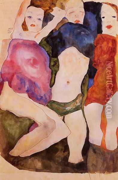 Three Girls Oil Painting - Egon Schiele