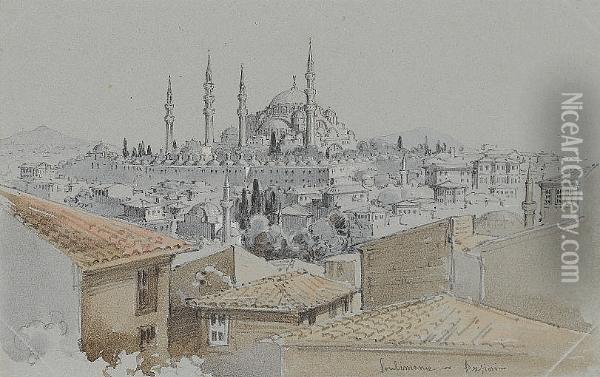 View Of Soulimanie Over Rooftops Oil Painting - Amadeo Preziosi