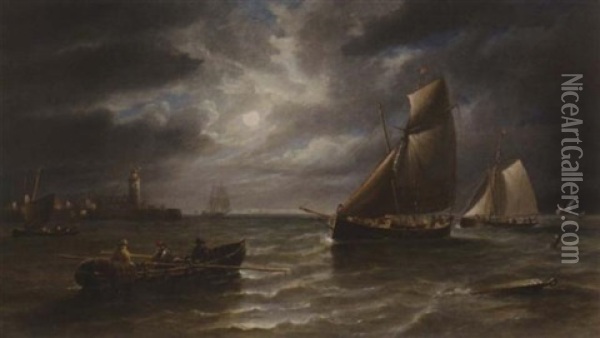 Shipping Off A Pier By Moonlight Oil Painting - John Wilson Carmichael