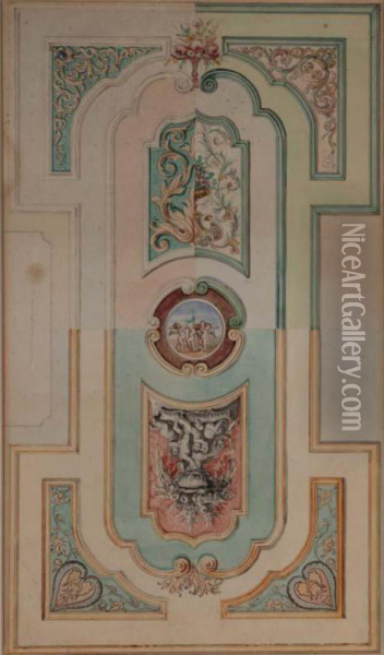 Design For A Ceiling Decoration With Putti In A Cartouche In The Centre Oil Painting - Johannes Rienksz. Jelgerhuis