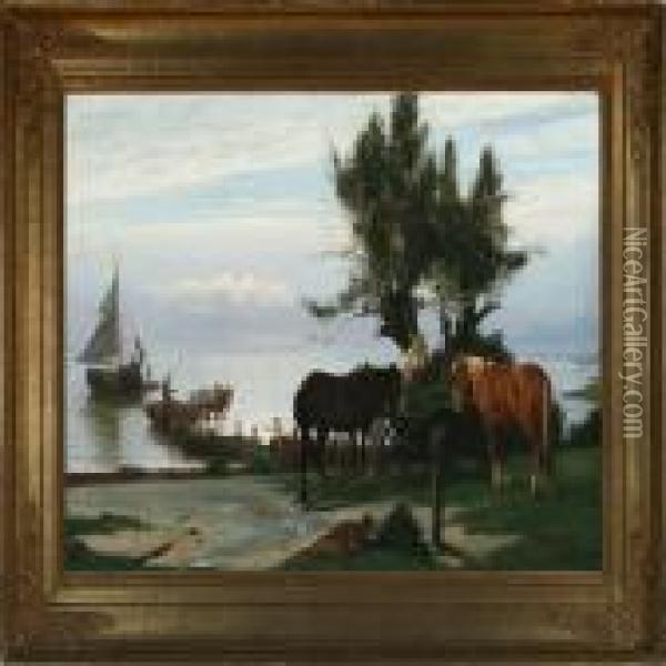 En Holdeplads Ved
Stranden Oil Painting - Otto Haslund