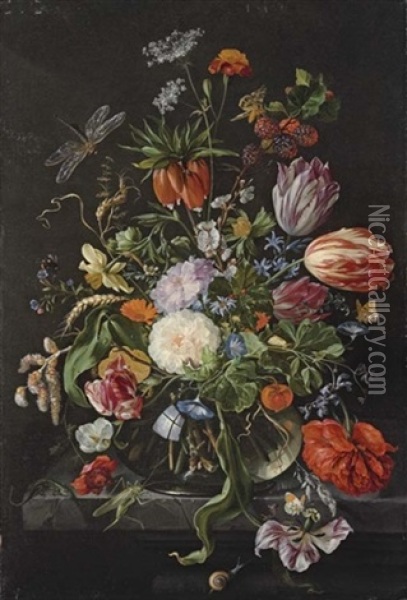 Flowers In A Glass Vase On A Stone Ledge Oil Painting - Jan Davidsz De Heem