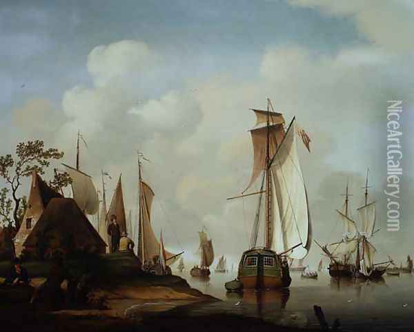 Yachts and other Boats at Anchor in an Estuary Oil Painting - David Kleyne