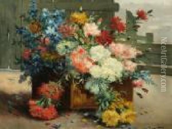 Jardiniere De Fleurs Surune Terrasse Oil Painting - Eugene Henri Cauchois