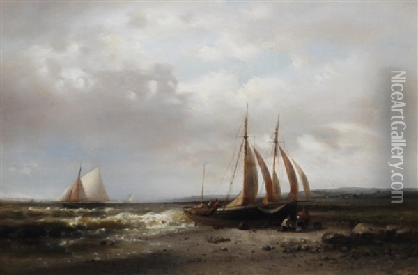 Coastal Scene With Fisherfolk Tending Their Boat On The Shore Oil Painting - Abraham Hulk the Elder
