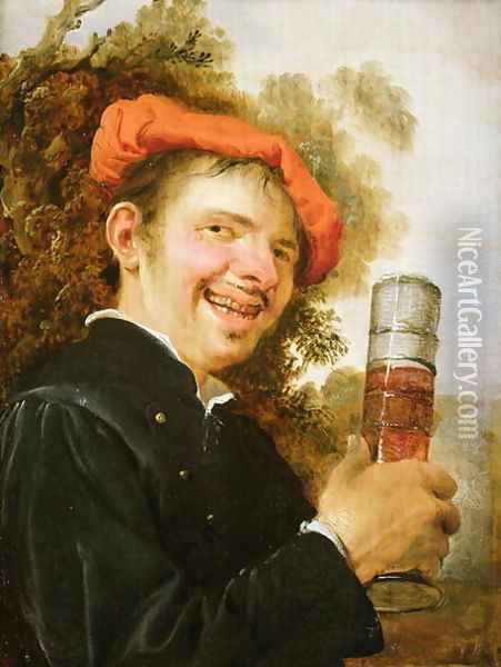A man in a landscape, raising a beer glass Oil Painting - Petrus Staverenus