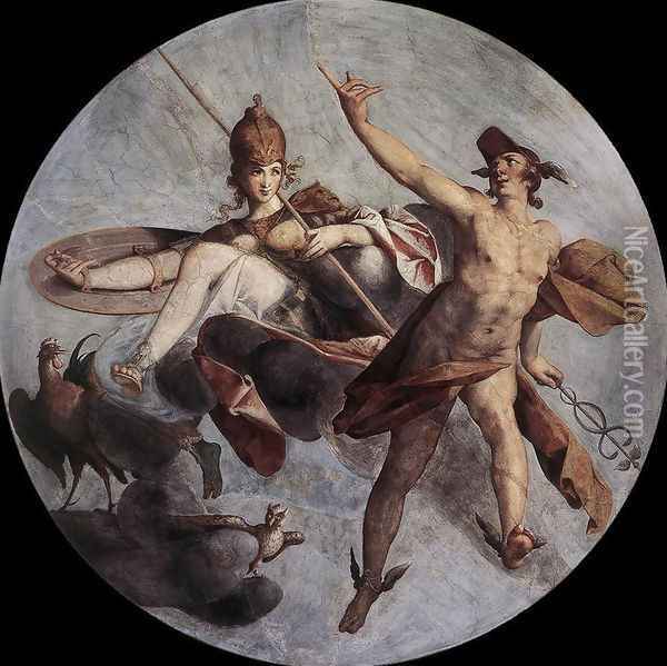 Hermes and Athena c. 1585 Oil Painting - Bartholomaeus Spranger