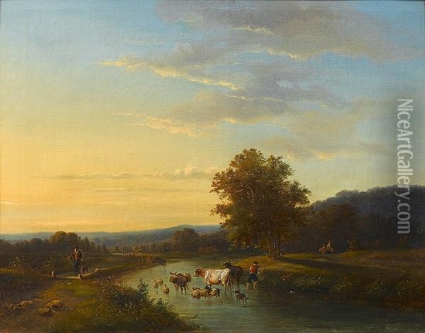 Cattle Crossing A River; Returning From Pasture Oil Painting - Louis Pierre Verwee