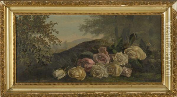 Still Life Of Roses In A Landscape Oil Painting - John O'Brien Inman