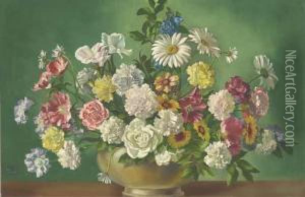 Carnations, Roses, Daisies, Tulips And Other Summer Flowers In Avase On A Ledge Oil Painting - Winifred Walker