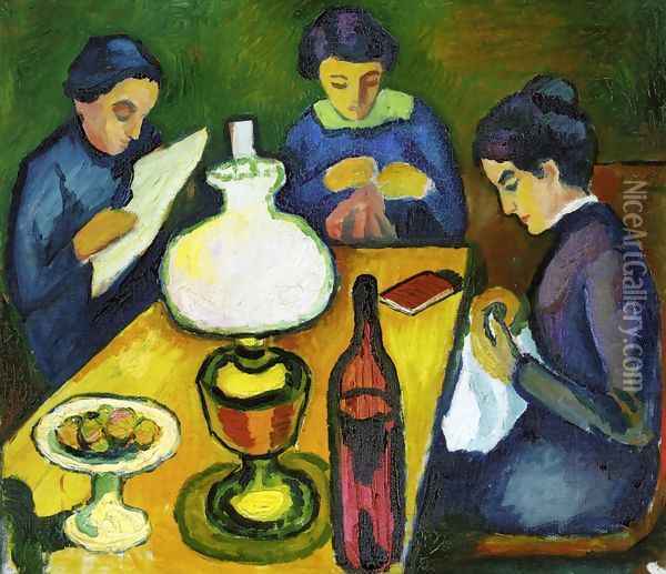 Three Women at the Table by the Lamp Oil Painting - August Macke