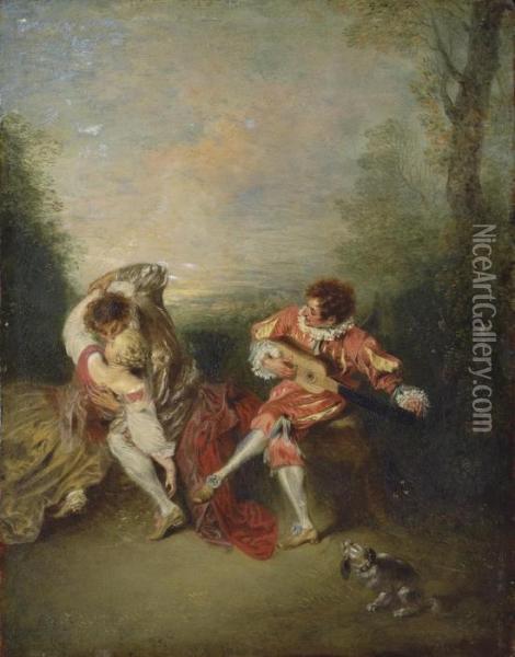 La Surprise: A Couple Embracing While A Figure Dressed As Mezzetin Tunes A Guitar Oil Painting - Watteau, Jean Antoine