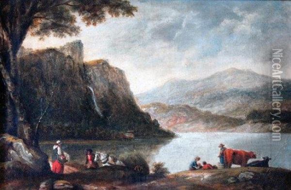 Lowdor Cataract And Crag In Burrowdale, With View Of Keswick Lake Oil Painting - Henry William Bunbury