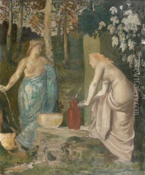 Jeune Fille A La Fontaine Ou La Source (prepatory Sketch) Oil Painting - Pierre Puvis de Chavannes