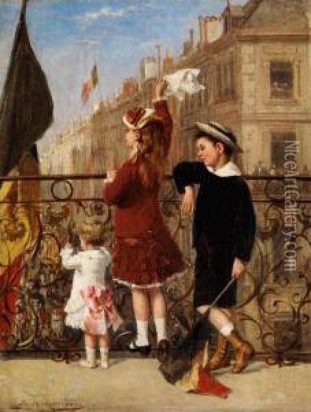 Winkende Kinder Bei Einem Fest In Der Stadt Oil Painting - Albert Roosenboon