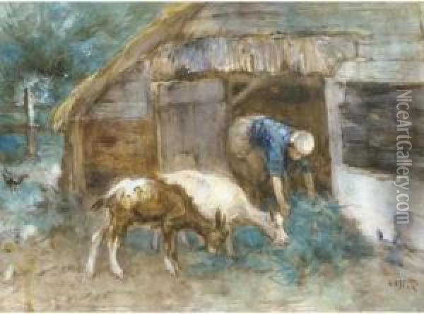 Feeding The Goats Oil Painting - Willem Van Der Nat