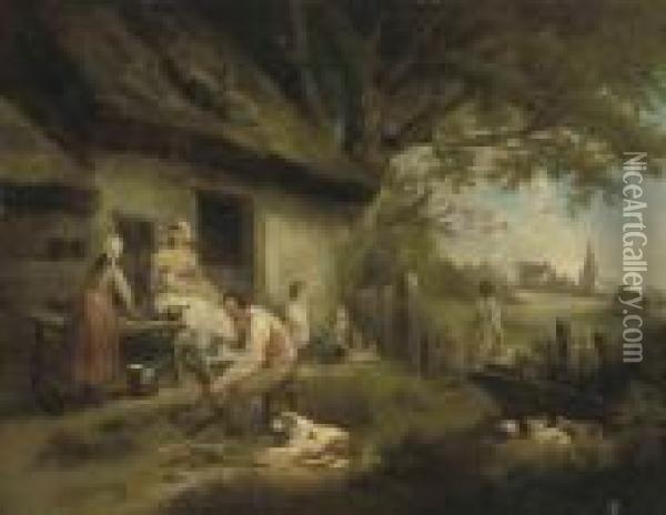 The Cottagers: A Family Outside A Cottage In A Wooded Landscape, Avillage Beyond Oil Painting - George Morland