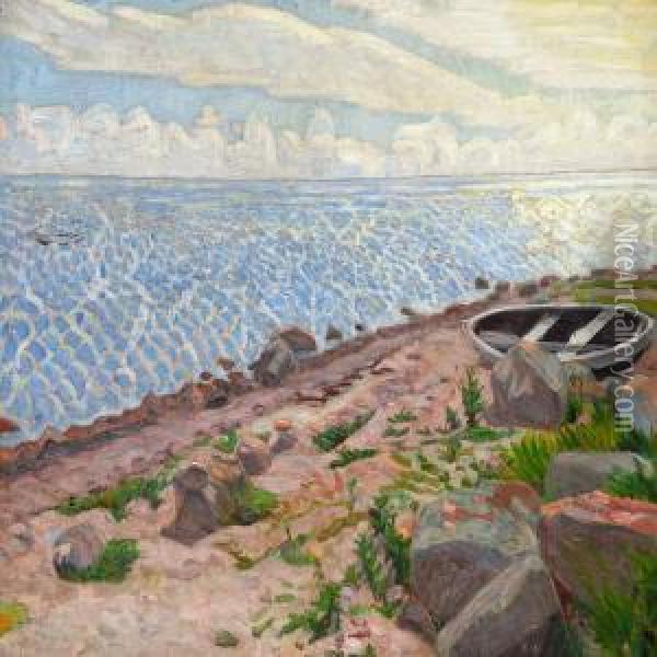 Isefjorden Solskin. Baad I Forgrunden Oil Painting - Niels Larsen Stevns