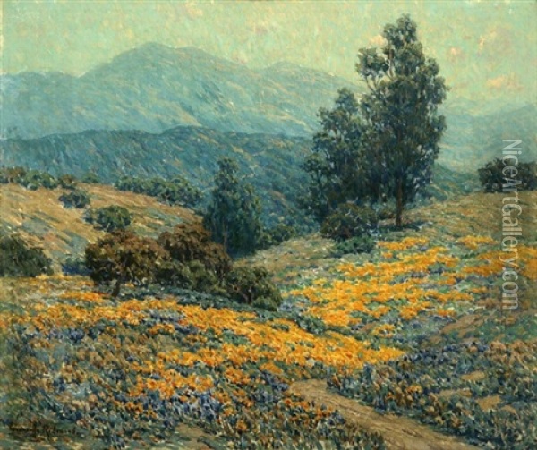 California Landscape With Eucalyptus, Poppies And Lupine Oil Painting - Granville S. Redmond
