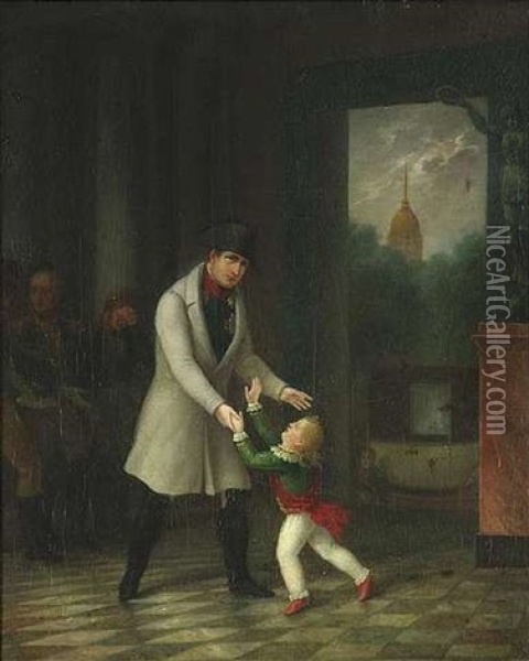 Napoleon Nimmt In Einem Vestibul Von Seinem Sohn Francois Charles Joseph Abschied Oil Painting - Charles Dusaulchoy
