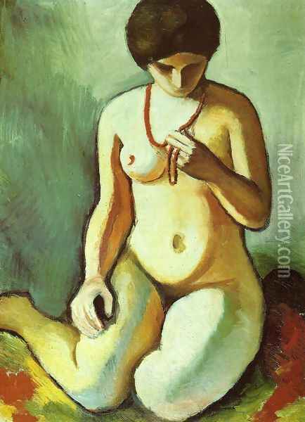 Nude with Coral Necklace (Akt mit Korallenkette) 1910 Oil Painting - August Macke