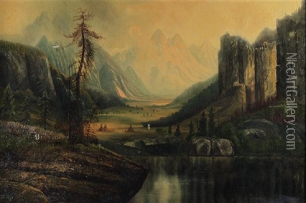 Western Landscape With Native American Settlement Oil Painting - Henry Arthur Elkins