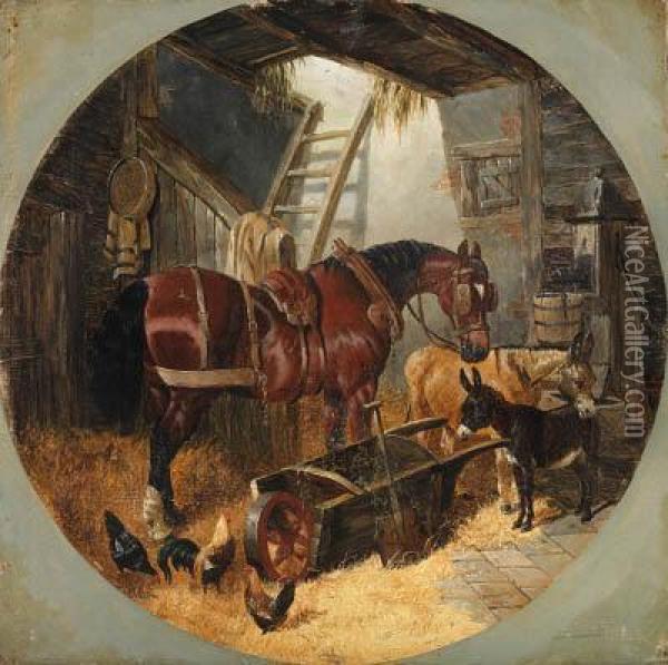 A Horse With Donkeys And Chickens In A Barn Oil Painting - John Frederick Herring Snr