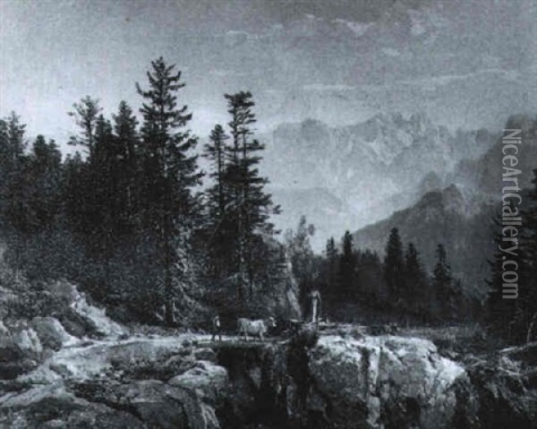 Viehtrieb Im Tal (achental, Tirol?) Oil Painting - Bernhard Muehlig