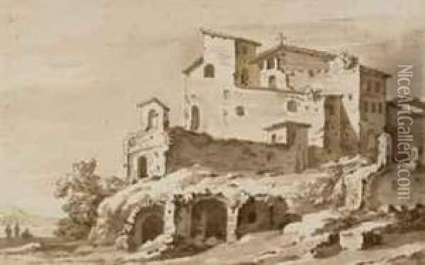 An Italianate Landscape With Ruins Below A Monastery Oil Painting - Jacob Van Der Ulft