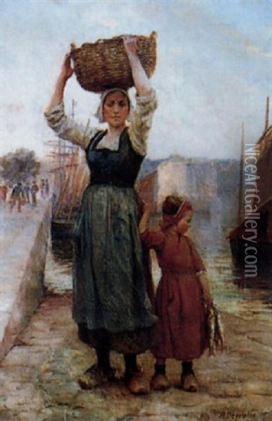 Femme De Pecheur Et Sa Fille Oil Painting - Theophile-Louis Deyrolle