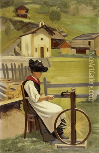 Walliserin Am Spinnrad Oil Painting - Roger Henri Jean-Mairet