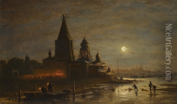 Night Procession In Yaroslavl Oil Painting - Alexei Bogoliubov