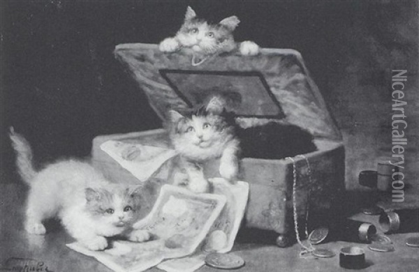 Chatons A La Boite A Bijoux Oil Painting - Leon Charles Huber