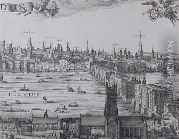 Panorama of London and the Thames, part three showing Southwark, London Bridge and the churches in the City, c.1600 Oil Painting - Nicolaes (Claes) Jansz Visscher