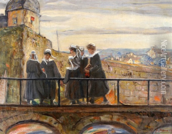 Schoolgirls On A Bridge Oil Painting - Georges (Karpeles) Kars