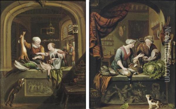 A Poultry Seller In An Arched Window And; A Fish Seller In An Arched Window Oil Painting - Willem van Mieris
