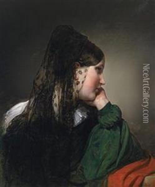 Profile Portrait Of A Girl With Black Mantilla Oil Painting - Friedrich Ritter von Amerling