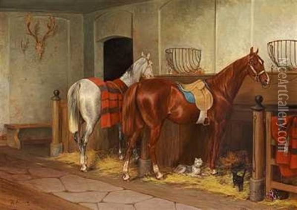 To Heste, En Kat Og En Hund I Stalden Oil Painting - Arvid Fredrik Lonnroth