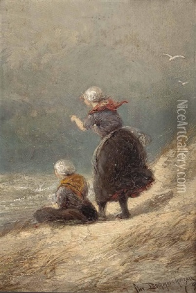 Zwei Madchen An Sturmischer Kuste Oil Painting - Cornelis Christiaan Dommelshuizen