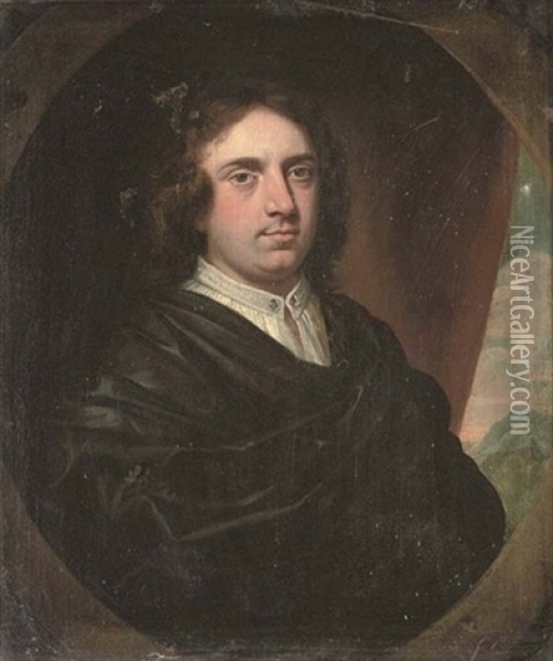 Portrait Of Sir Humphrey Fynch In A Dark Green Robe And White Shirt, A Curtain And Landscape Beyond Oil Painting - John Riley