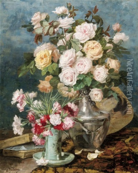 Nature Morte Aux Roses Et Oeillets Oil Painting - Juliette Wytsman