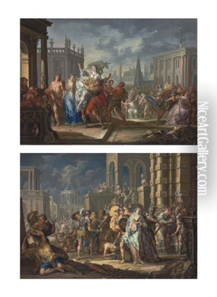 The Rape Of The Sabine Women And The Intervention Of The Sabine Women (a Pair) Oil Painting - Johann Georg Platzer