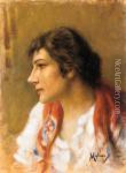 Il Fazzoletto Rosso (1900-1910) Oil Painting - Vincenzo Migliaro