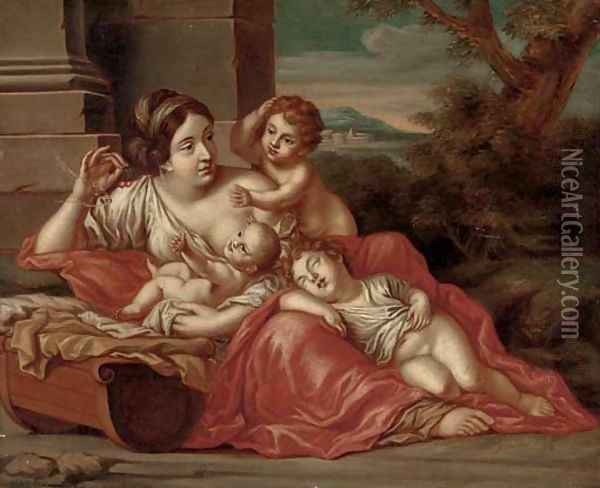 A woman with three infants in a clearing Oil Painting - Antonio Bellucci