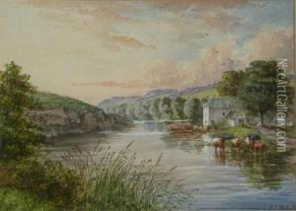 Mill On The Tweed Near Roxburgh Oil Painting - John Joseph Hughes