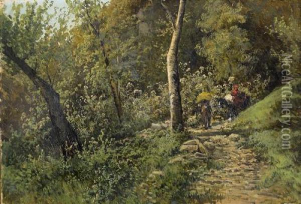 Sommerliche Reisegesellschaft Auf Einem Waldweg Oil Painting - Carlo Mancini